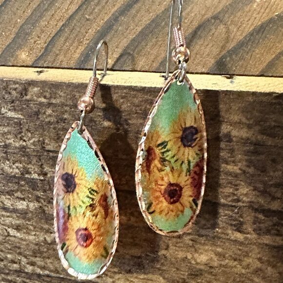 Handmade Boho Copper Earrings, Diamond Cut Van Gogh Sunflowers Earrings, Gift B - Picture 3 of 10